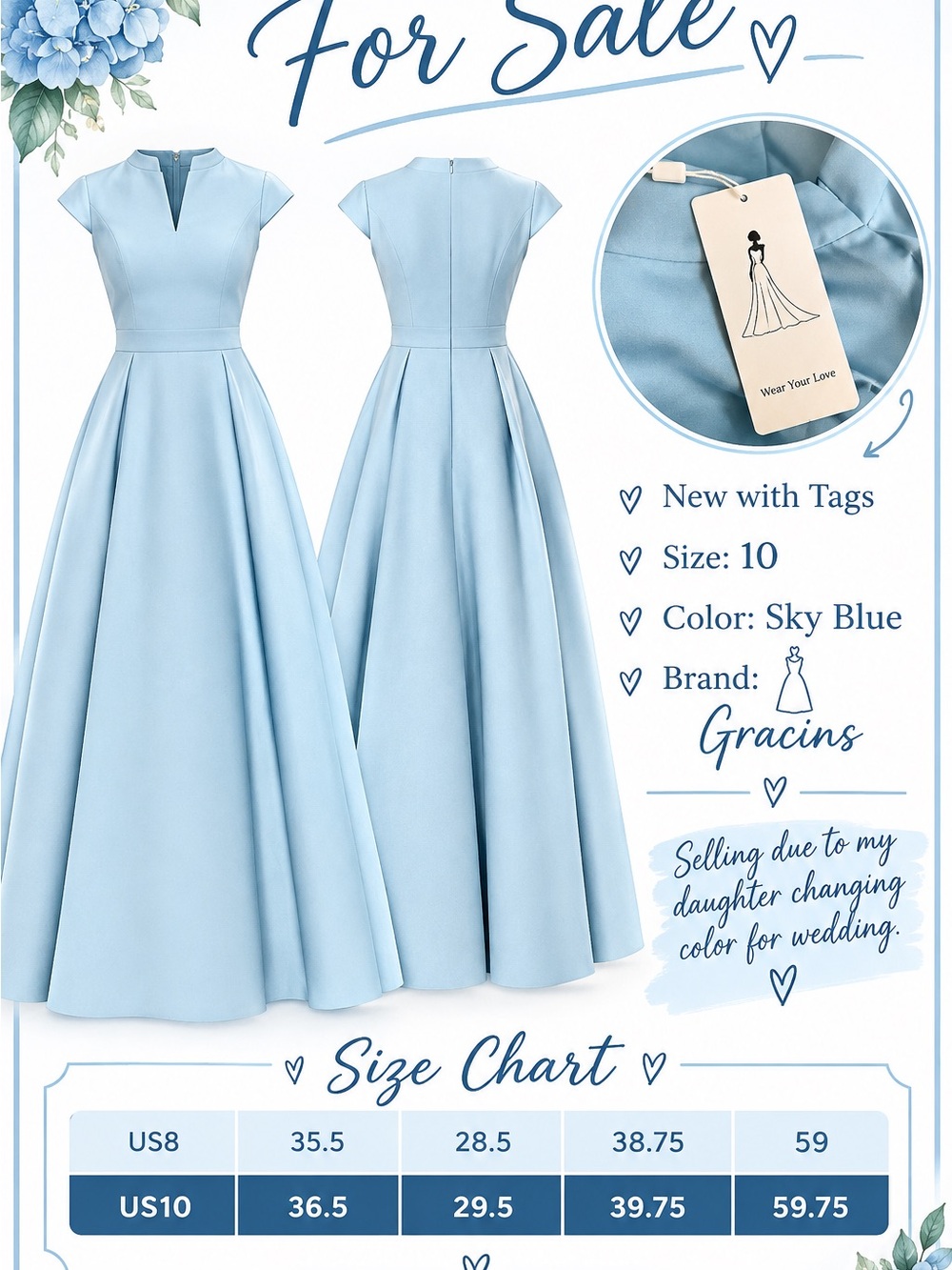 Sky Blue Tea-Length A-Line Wedding Dress by Gracins NWT Size 10